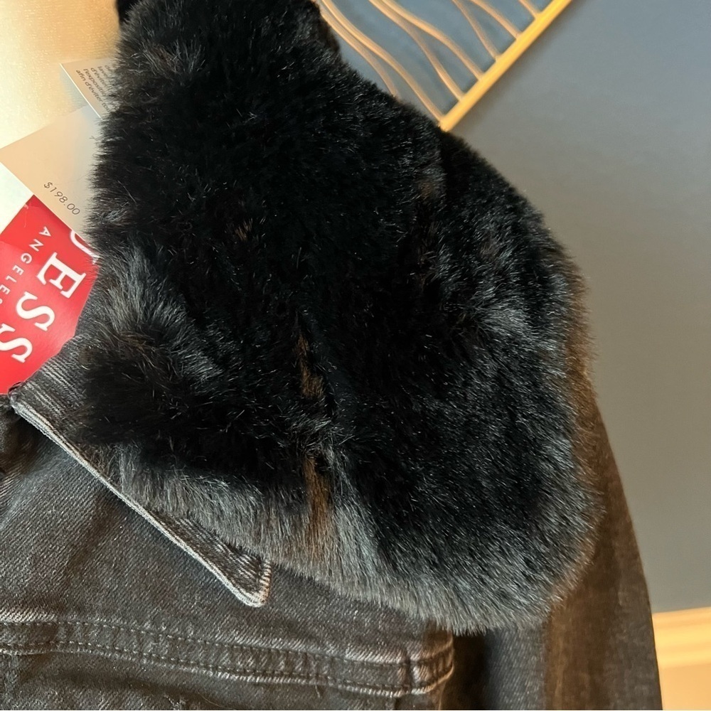 NWT Guess Dora Black Denim Jacket with Fur and Embellishments - Picture 5 of 8